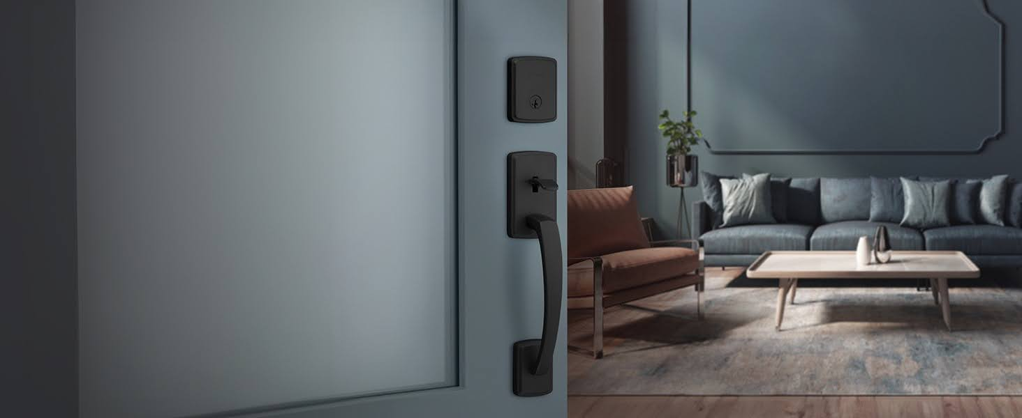 Black handleset on a door