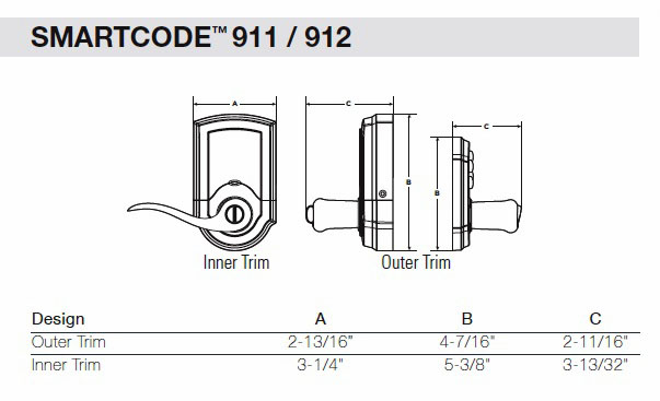 911 / 912 SmartCode Lever Dimensions