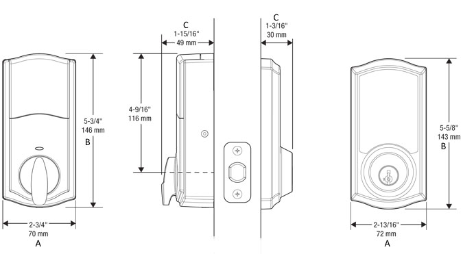 915 / 916 SmartCode Touchscreen Deadbolt Dimensions