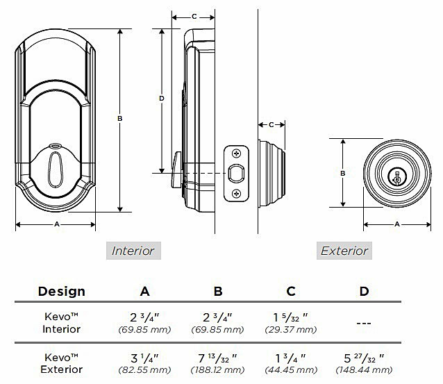 925DB Kevo Bluetooth Enabled Deadbolt Dimensions