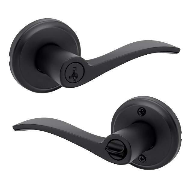A matte black Kwikset Sedona door lever